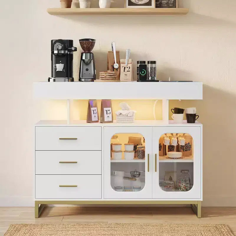 Bahut buffet moderne avec lumières LED RVB à capteur automatique et station de recharge intégrée, table de bar à café avec rangement