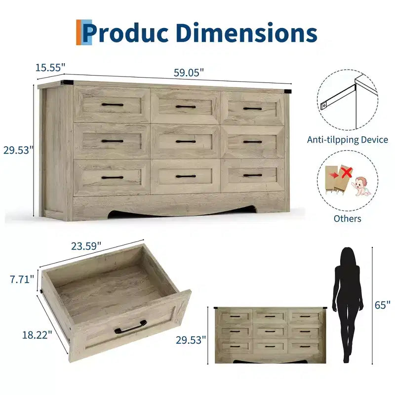 Commode 9 tiroirs, Grand meuble de rangement 59" en bois style Ferme, Commode de rangement haute mi-siècle avec dispositif anti-basculement pour Chambre, Salon, Placard