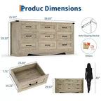 Commode 9 tiroirs, Grand meuble de rangement 59" en bois style Ferme, Commode de rangement haute mi-siècle avec dispositif anti-basculement pour Chambre, Salon, Placard