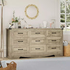 Commode 9 tiroirs, Grand meuble de rangement 59" en bois style Ferme, Commode de rangement haute mi-siècle avec dispositif anti-basculement pour Chambre, Salon, Placard