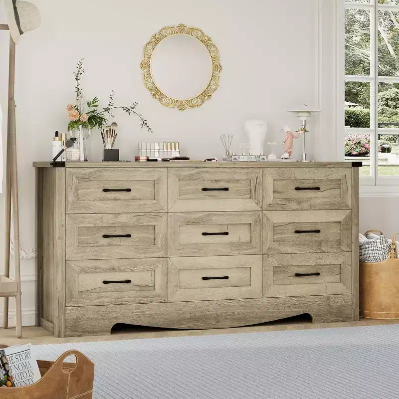 Commode 9 tiroirs, Grand meuble de rangement 59" en bois style Ferme, Commode de rangement haute mi-siècle avec dispositif anti-basculement pour Chambre, Salon, Placard