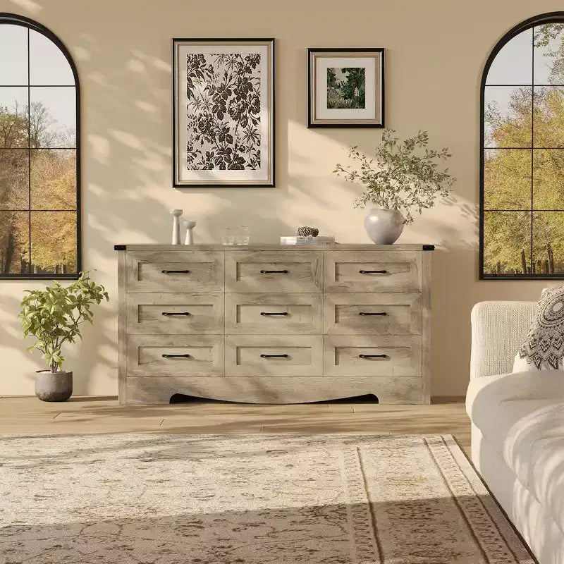Commode 9 tiroirs, Grand meuble de rangement 59" en bois style Ferme, Commode de rangement haute mi-siècle avec dispositif anti-basculement pour Chambre, Salon, Placard