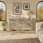 Commode 9 tiroirs, Grand meuble de rangement 59" en bois style Ferme, Commode de rangement haute mi-siècle avec dispositif anti-basculement pour Chambre, Salon, Placard