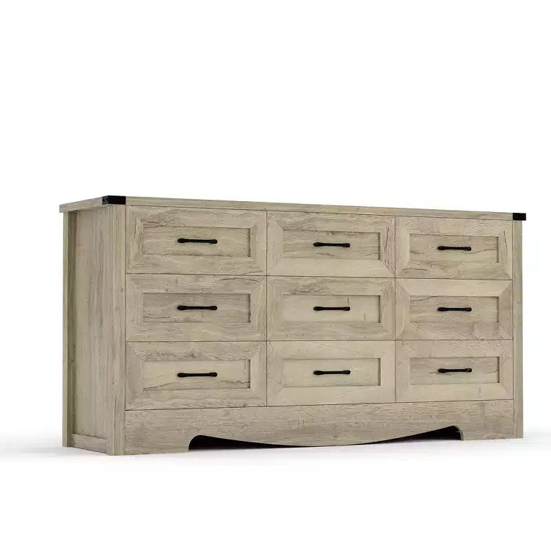 Commode 9 tiroirs, Grand meuble de rangement 59" en bois style Ferme, Commode de rangement haute mi-siècle avec dispositif anti-basculement pour Chambre, Salon, Placard