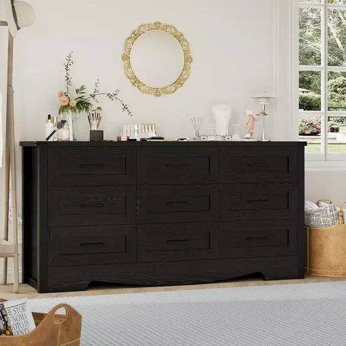 Commode 9 tiroirs, Grand meuble de rangement 59" en bois style Ferme, Commode de rangement haute mi-siècle avec dispositif anti-basculement pour Chambre, Salon, Placard