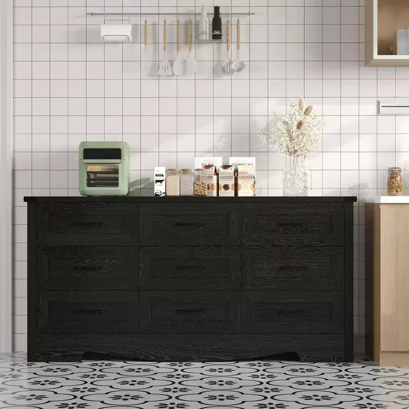 Commode 9 tiroirs, Grand meuble de rangement 59" en bois style Ferme, Commode de rangement haute mi-siècle avec dispositif anti-basculement pour Chambre, Salon, Placard
