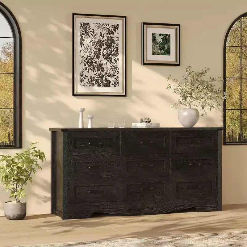 Commode 9 tiroirs, Grand meuble de rangement 59" en bois style Ferme, Commode de rangement haute mi-siècle avec dispositif anti-basculement pour Chambre, Salon, Placard