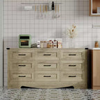 Commode 9 tiroirs, Grand meuble de rangement 59" en bois style Ferme, Commode de rangement haute mi-siècle avec dispositif anti-basculement pour Chambre, Salon, Placard