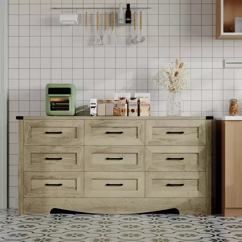 Commode 9 tiroirs, Grand meuble de rangement 59" en bois style Ferme, Commode de rangement haute mi-siècle avec dispositif anti-basculement pour Chambre, Salon, Placard