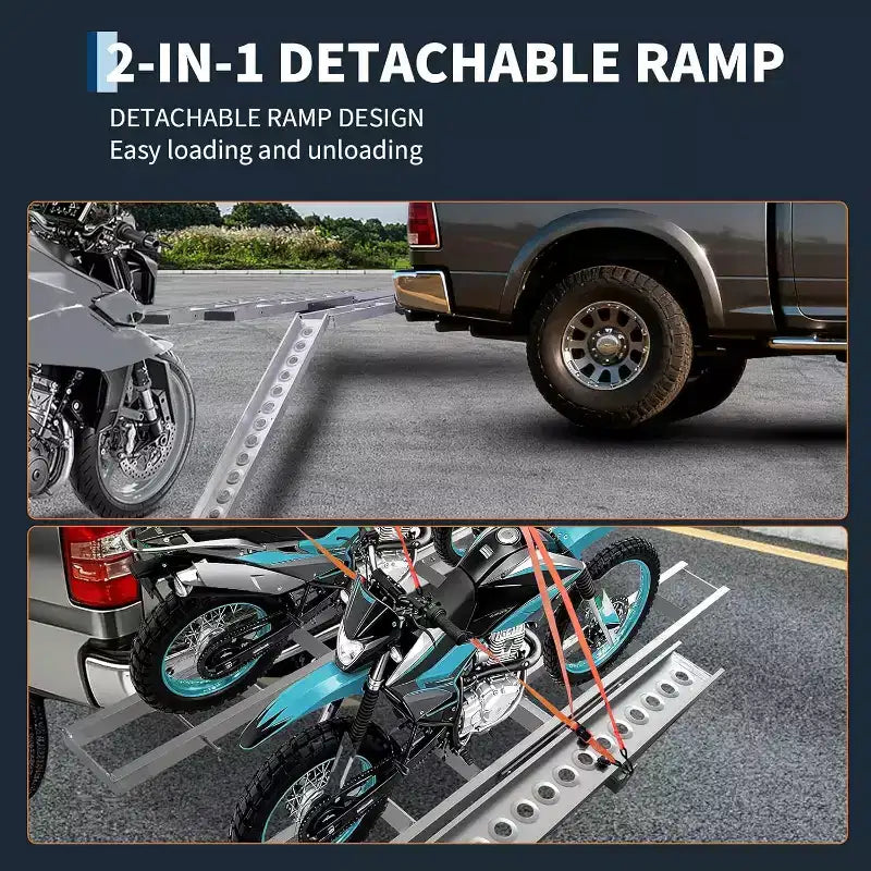 Porte-moto robuste 272 kg avec rampe cintrée antidérapante, stabilisateur anti-oscillation, connexion rapide, compatible avec attelage 5 cm, 8 kits d'arrimage