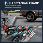 Porte-moto robuste 272 kg avec rampe cintrée antidérapante, stabilisateur anti-oscillation, connexion rapide, compatible avec attelage 5 cm, 8 kits d'arrimage