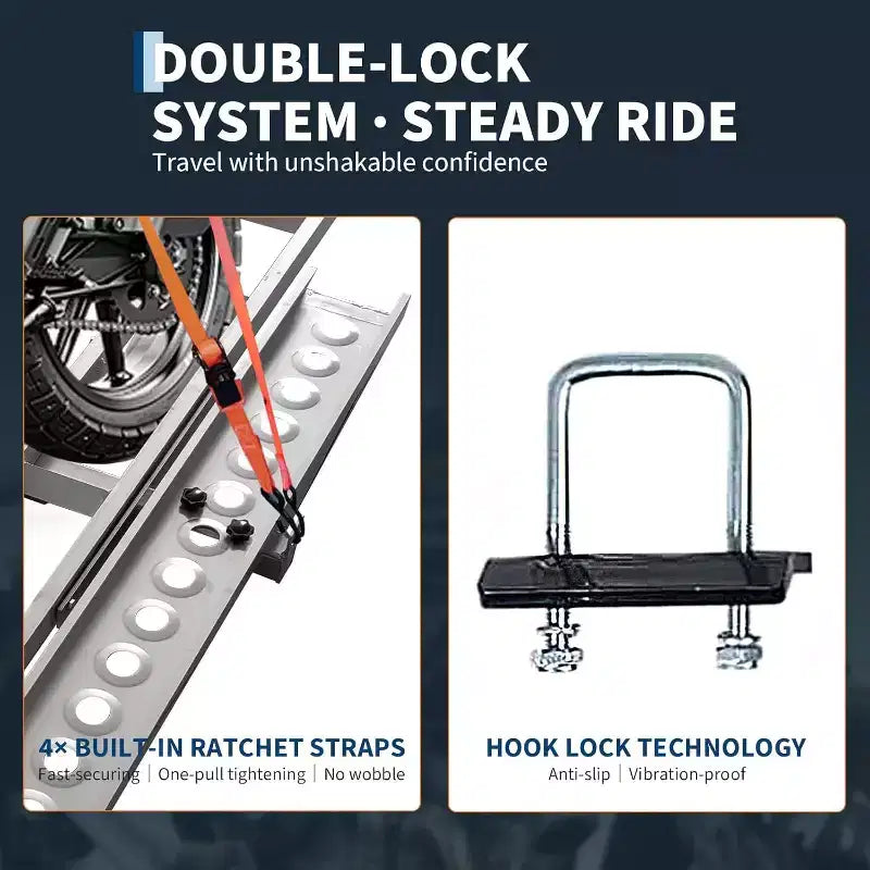 Porte-moto robuste 272 kg avec rampe cintrée antidérapante, stabilisateur anti-oscillation, connexion rapide, compatible avec attelage 5 cm, 8 kits d'arrimage