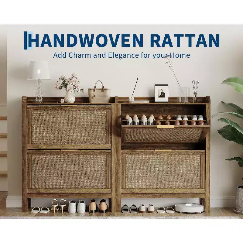 Meuble à chaussures en rotin style ferme, rangement à chaussures étroit de 32 pouces avec 2 tiroirs basculants, organisateur d'entrée autoportant avec étagères réglables, marron