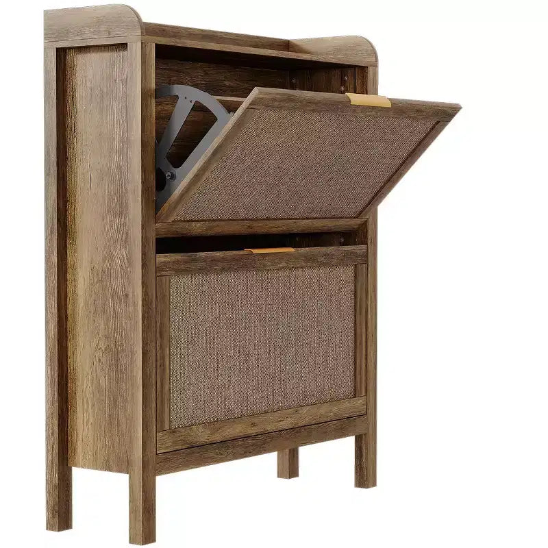 Meuble à chaussures en rotin style ferme, rangement à chaussures étroit de 32 pouces avec 2 tiroirs basculants, organisateur d'entrée autoportant avec étagères réglables, marron
