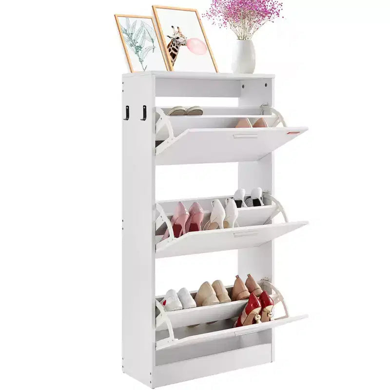 Shoe Cabinet with 3 Flip Drawers, Shoe Storage Cabinet for Entryway, Free Standing Shoe Storage Organizer with Side Hooks for Heels, Boots