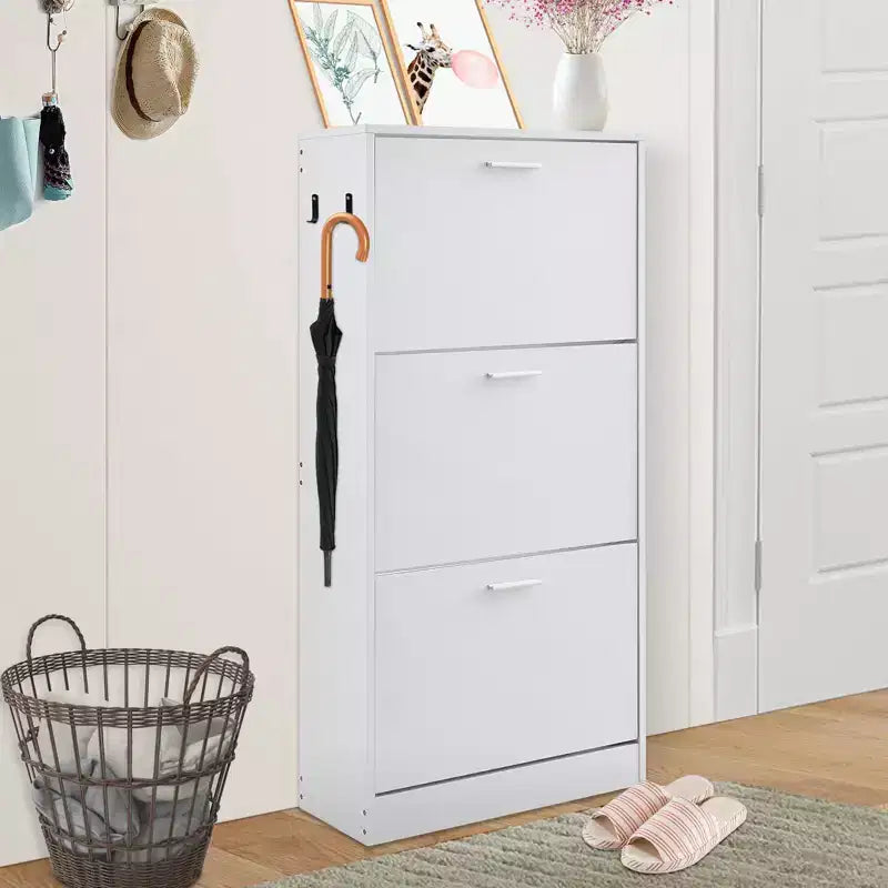 Meuble à chaussures avec 3 tiroirs basculants, Meuble de rangement pour chaussures d'entrée, Organisateur de rangement de chaussures autoportant avec crochets latéraux pour talons, bottes