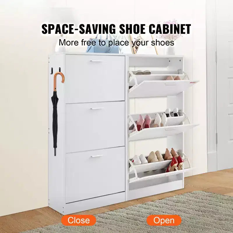 Meuble à chaussures avec 3 tiroirs basculants, Meuble de rangement pour chaussures d'entrée, Organisateur de rangement de chaussures autoportant avec crochets latéraux pour talons, bottes