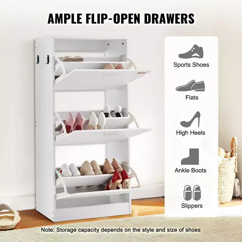 Meuble à chaussures avec 3 tiroirs basculants, Meuble de rangement pour chaussures d'entrée, Organisateur de rangement de chaussures autoportant avec crochets latéraux pour talons, bottes