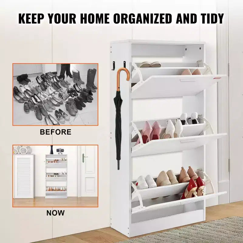 Meuble à chaussures avec 3 tiroirs basculants, Meuble de rangement pour chaussures d'entrée, Organisateur de rangement de chaussures autoportant avec crochets latéraux pour talons, bottes