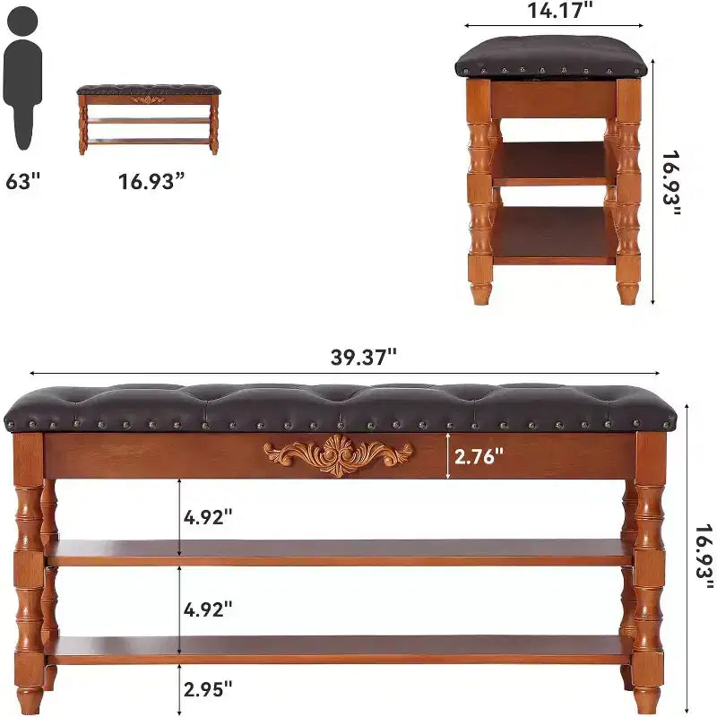 Banc range-chaussures Lantine avec rangement à couvercle, coussin en cuir, banc d'entrée en bois pour chambre, vestiaire, couloir, marron vintage