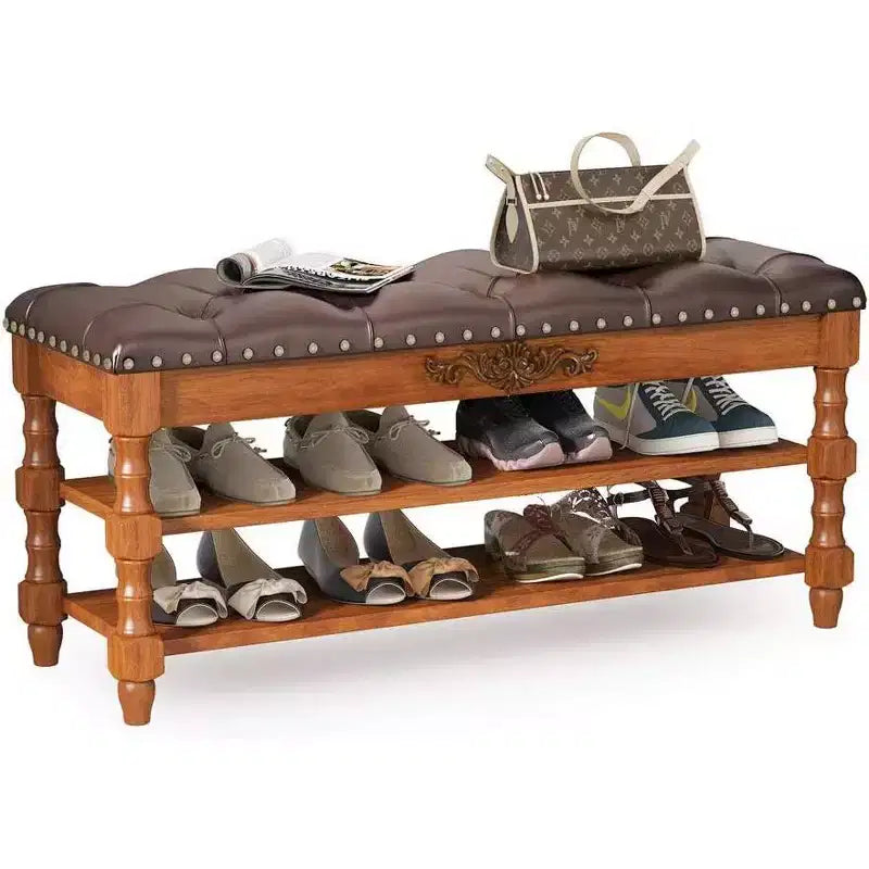 Banc range-chaussures Lantine avec rangement à couvercle, coussin en cuir, banc d'entrée en bois pour chambre, vestiaire, couloir, marron vintage