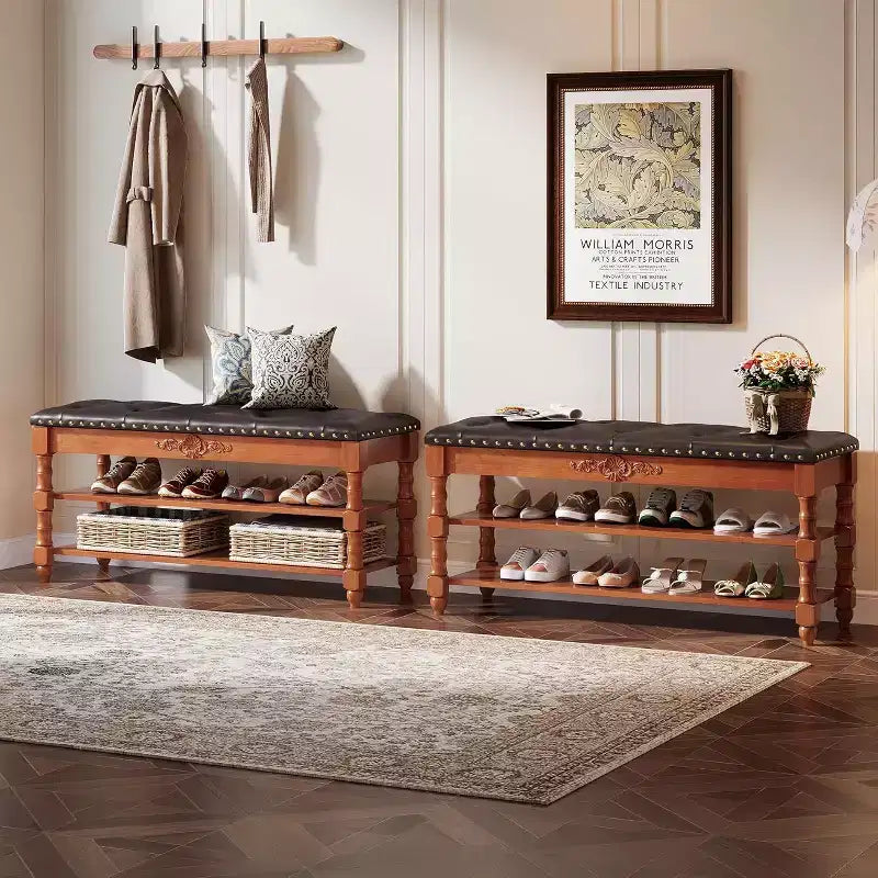 Banc range-chaussures Lantine avec rangement à couvercle, coussin en cuir, banc d'entrée en bois pour chambre, vestiaire, couloir, marron vintage