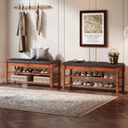 Banc range-chaussures Lantine avec rangement à couvercle, coussin en cuir, banc d'entrée en bois pour chambre, vestiaire, couloir, marron vintage