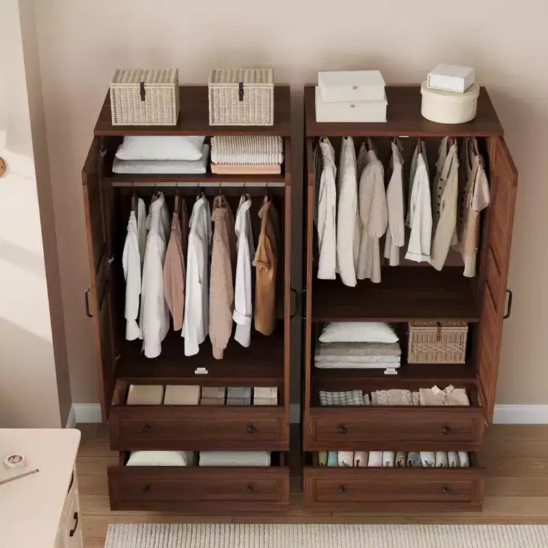 COZONY 72 Armoire penderie avec 2 portes et 2 tiroirs, armoire de rangement pour vêtements en bois avec tringle à vêtements et étagère réglable