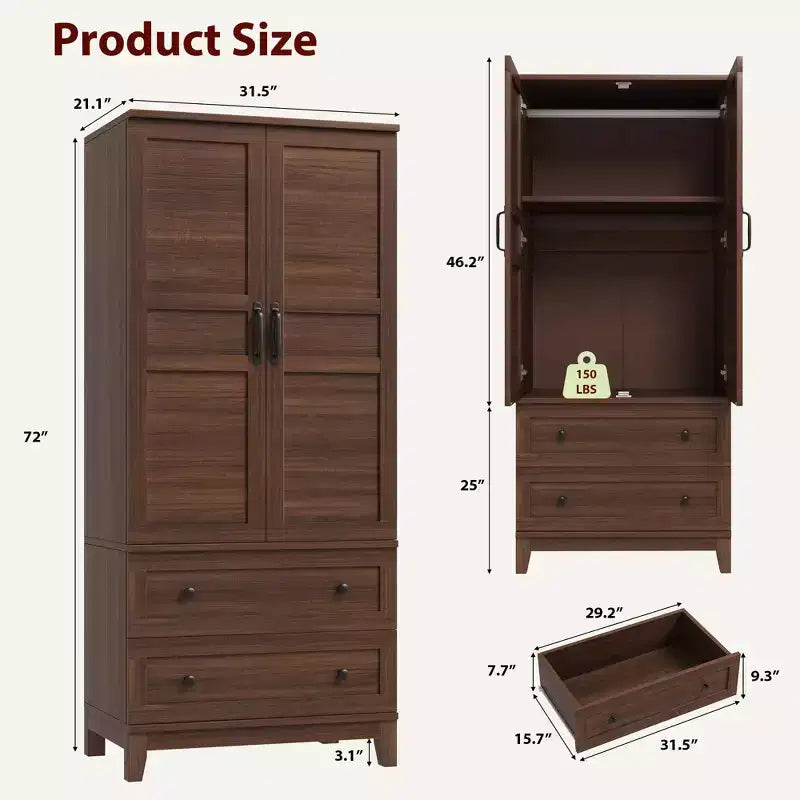 COZONY 72 Armoire penderie avec 2 portes et 2 tiroirs, armoire de rangement pour vêtements en bois avec tringle à vêtements et étagère réglable