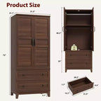 COZONY 72 Armoire penderie avec 2 portes et 2 tiroirs, armoire de rangement pour vêtements en bois avec tringle à vêtements et étagère réglable