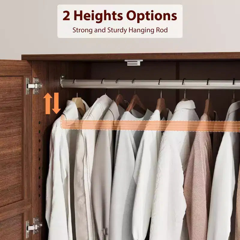 COZONY 72 Armoire penderie avec 2 portes et 2 tiroirs, armoire de rangement pour vêtements en bois avec tringle à vêtements et étagère réglable