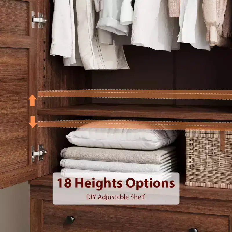 COZONY 72 Armoire penderie avec 2 portes et 2 tiroirs, armoire de rangement pour vêtements en bois avec tringle à vêtements et étagère réglable