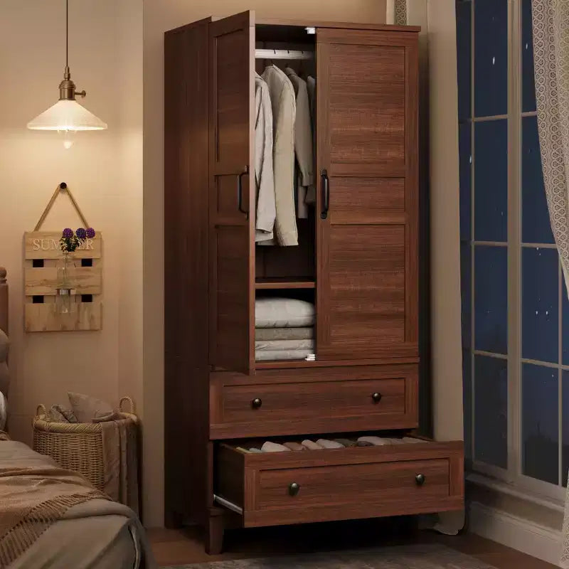 COZONY 72 Armoire penderie avec 2 portes et 2 tiroirs, armoire de rangement pour vêtements en bois avec tringle à vêtements et étagère réglable