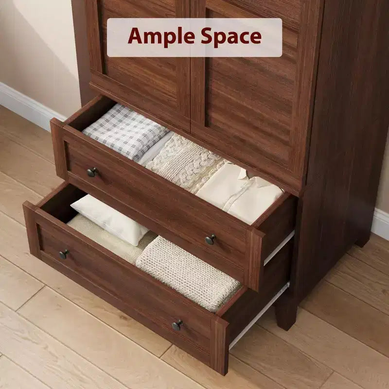 COZONY 72 Armoire penderie avec 2 portes et 2 tiroirs, armoire de rangement pour vêtements en bois avec tringle à vêtements et étagère réglable