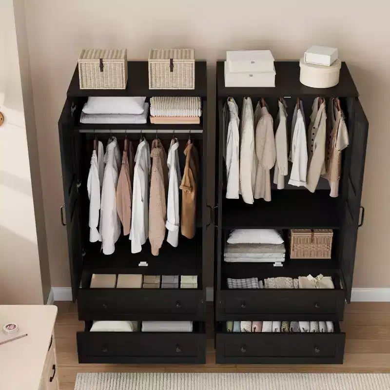 COZONY 72 Armoire penderie avec 2 portes et 2 tiroirs, armoire de rangement pour vêtements en bois avec tringle à vêtements et étagère réglable