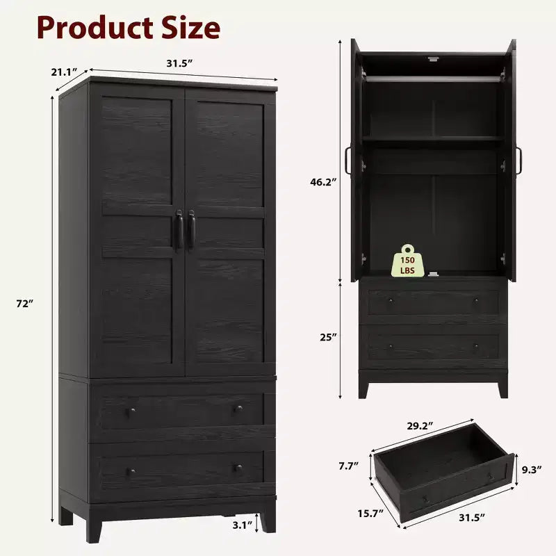 COZONY 72 Armoire penderie avec 2 portes et 2 tiroirs, armoire de rangement pour vêtements en bois avec tringle à vêtements et étagère réglable