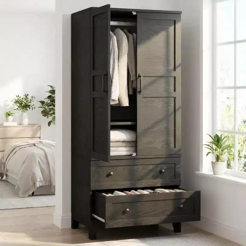 COZONY 72 Armoire Wardrobe Closet with 2 Doors & 2 Drawers, Wooden Clothing Storage Cabinet with Hanging Rod & Adjustable Shel