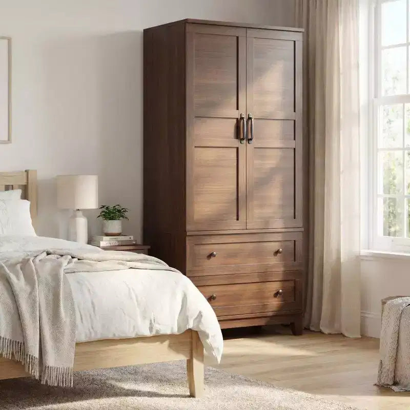 COZONY 72 Armoire penderie avec 2 portes et 2 tiroirs, armoire de rangement pour vêtements en bois avec tringle à vêtements et étagère réglable