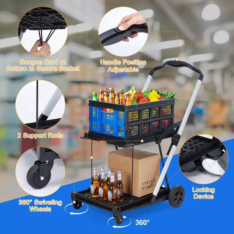 Chariot de jardin d'extérieur à 2 niveaux peu encombrant, Caisse de rangement amovible, Chariot utilitaire léger en aluminium avec roues pour le shopping, les pique-niques, la maison, le jardinage