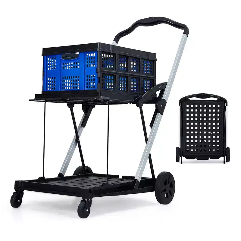 Chariot de jardin d'extérieur à 2 niveaux peu encombrant, Caisse de rangement amovible, Chariot utilitaire léger en aluminium avec roues pour le shopping, les pique-niques, la maison, le jardinage