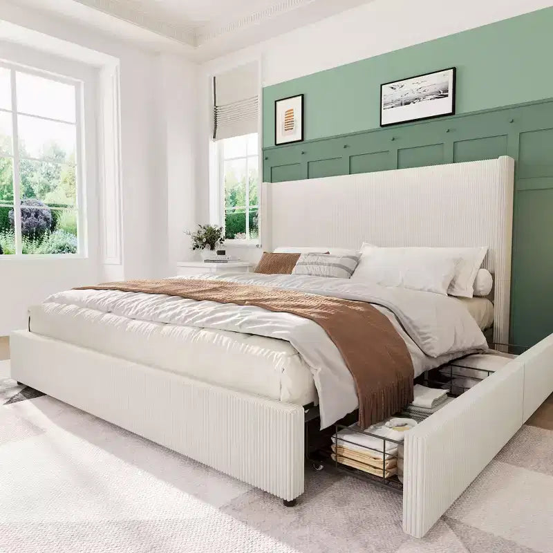 Upholstered Platform Bed Frame with Storage Drawers, Corduroy Wingback with Tufted Headboard and Footboard, No Box Spring Needed