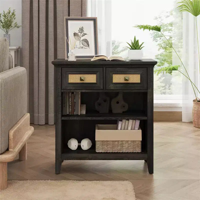 Meuble de rangement Bohème en rotin avec 2 tiroirs et 2 étagères, Meuble d'appoint moderne pour entrée, salon, café