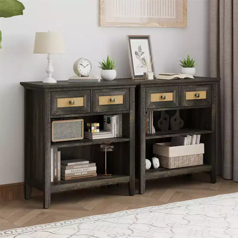 Meuble de rangement Bohème en rotin avec 2 tiroirs et 2 étagères, Meuble d'appoint moderne pour entrée, salon, café