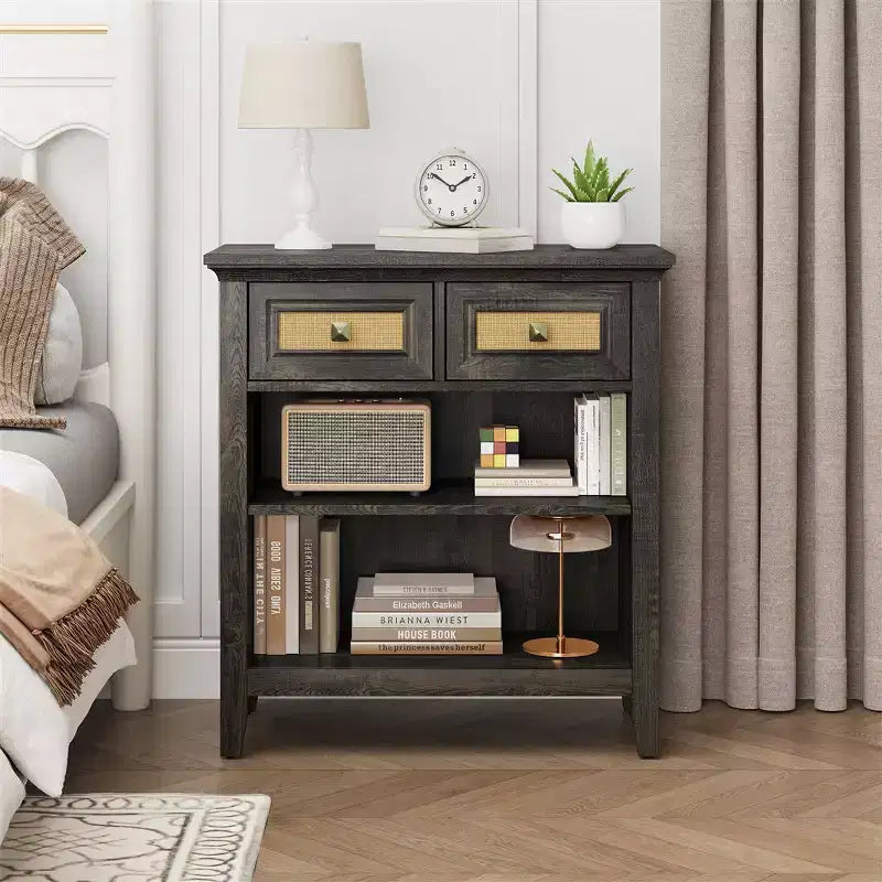 Meuble de rangement Bohème en rotin avec 2 tiroirs et 2 étagères, Meuble d'appoint moderne pour entrée, salon, café
