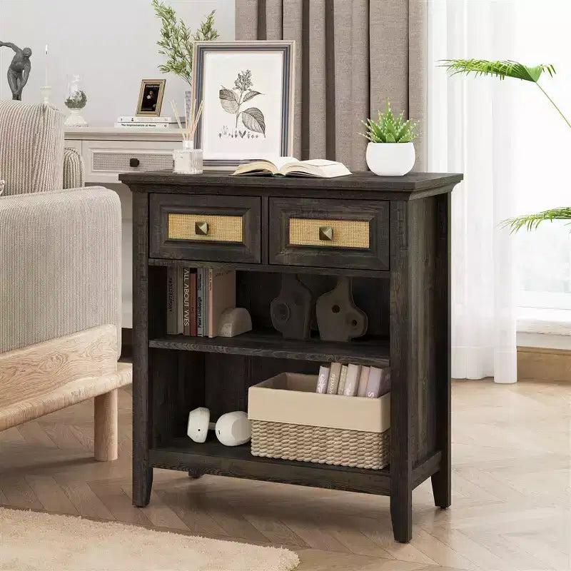 Meuble de rangement Bohème en rotin avec 2 tiroirs et 2 étagères, Meuble d'appoint moderne pour entrée, salon, café