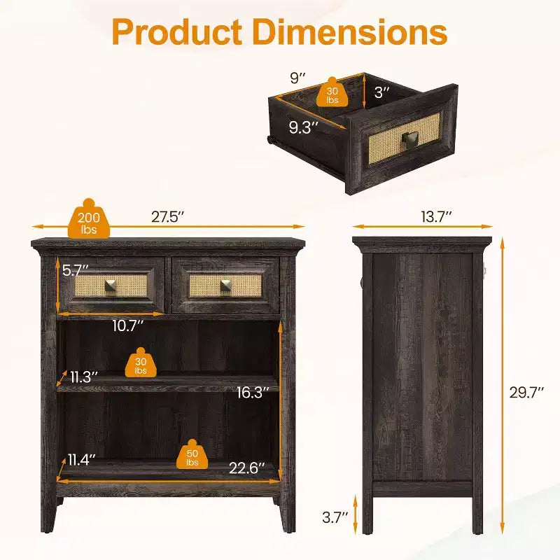 Meuble de rangement Bohème en rotin avec 2 tiroirs et 2 étagères, Meuble d'appoint moderne pour entrée, salon, café