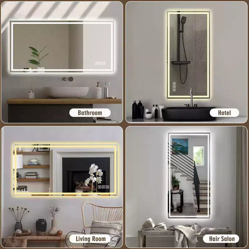 Whisen 2448 Miroir mural de salle de bain avec fonction anti-buée, miroir mural à commande tactile, intensité variable 3 couleurs - Argent