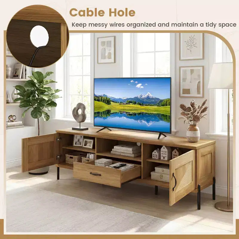 Meuble TV Costway en rotin pour téléviseurs jusqu'à 80 pouces avec 2 armoires de rangement, étagère ouverte et tiroir