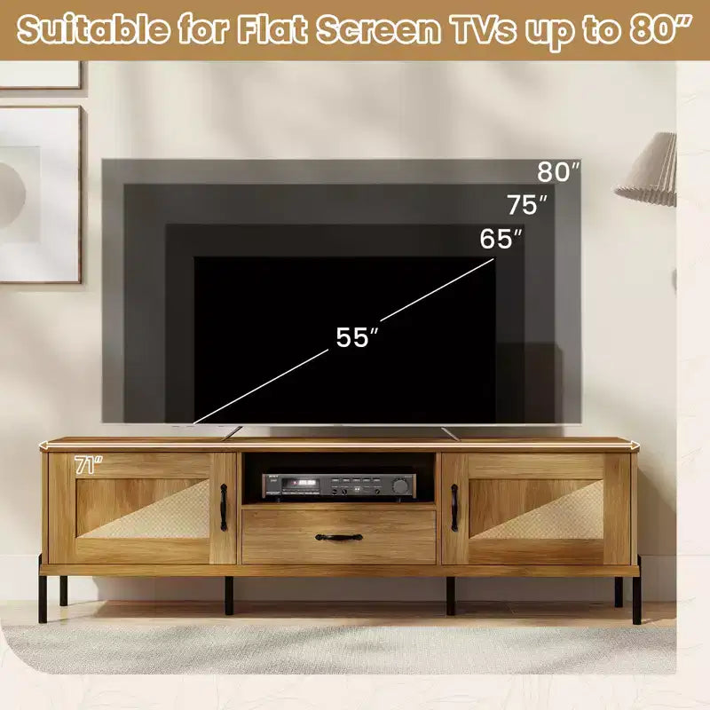 Meuble TV Costway en rotin pour téléviseurs jusqu'à 80 pouces avec 2 armoires de rangement, étagère ouverte et tiroir