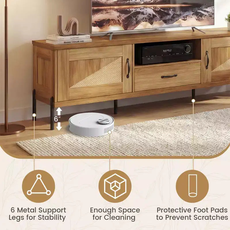 Meuble TV Costway en rotin pour téléviseurs jusqu'à 80 pouces avec 2 armoires de rangement, étagère ouverte et tiroir